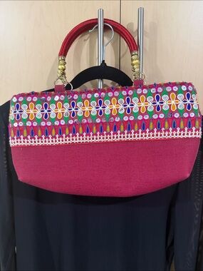 Boho Vintage Embroidered Fuchsia Top-Handle Satchel with Multicolor Trim